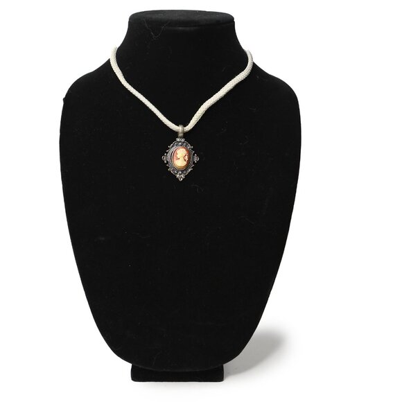 Vintage Cameo Pendant Necklace Fabric Rope Victorian Style Ornate Metal Frame - Picture 3 of 10